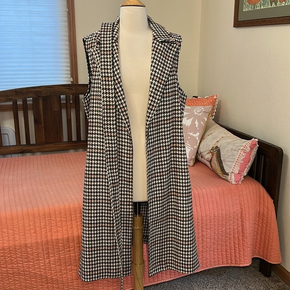 Marc New York Andrew Marc Houndstooth Longline Open Belted Sleeveless Jacket L - Picture 7 of 16